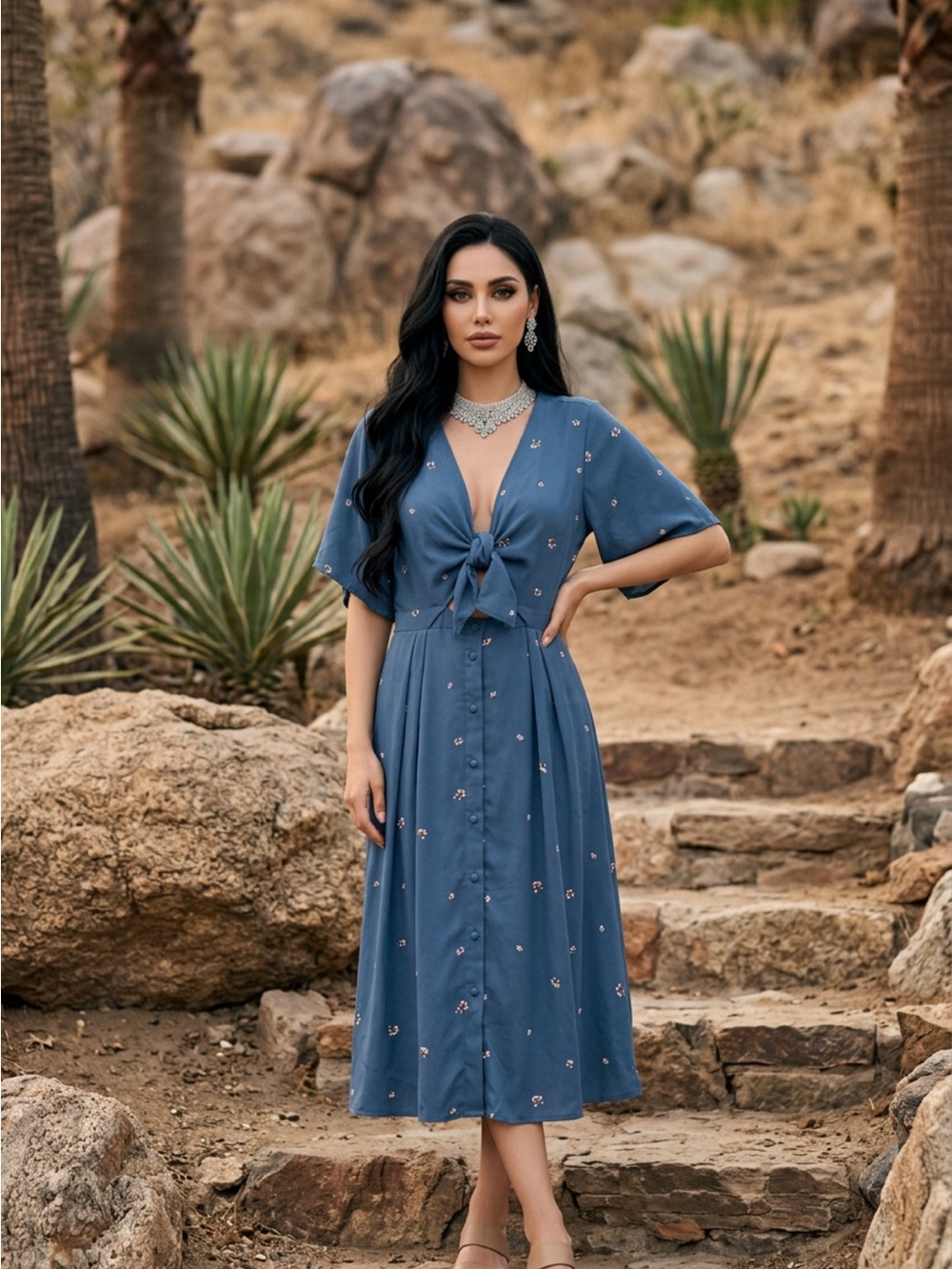 Crescent Blue Tie-Front Midi Dress with Subtle Floral Dots
